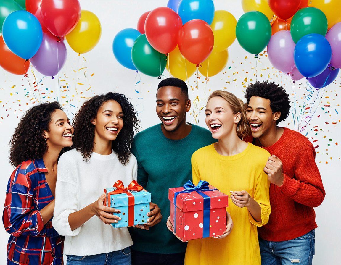 A vibrant scene depicting two joyful couples engaged in a playful swap of objects or gifts, surrounded by colorful decorations and expressions of happiness. The couples are smiling, showcasing a diverse range of cultures, and the background is filled with whimsical elements like balloons and confetti to emphasize the festive atmosphere. The composition highlights the warmth of their interactions and the concept of sharing joy. super-realistic. vibrant colors. white background.