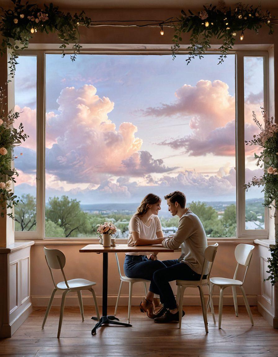 A warm, inviting scene of a couple sitting across from each other at a cozy cafe, sharing a heartfelt conversation, surrounded by soft, twinkling lights and floral decorations. The atmosphere radiates intimacy and connection, with gentle pastel colors embracing the surroundings. Include subtle symbols of love, like intertwined hands and soft heart-shaped clouds in the background. super-realistic. warm color palette. soft focus.