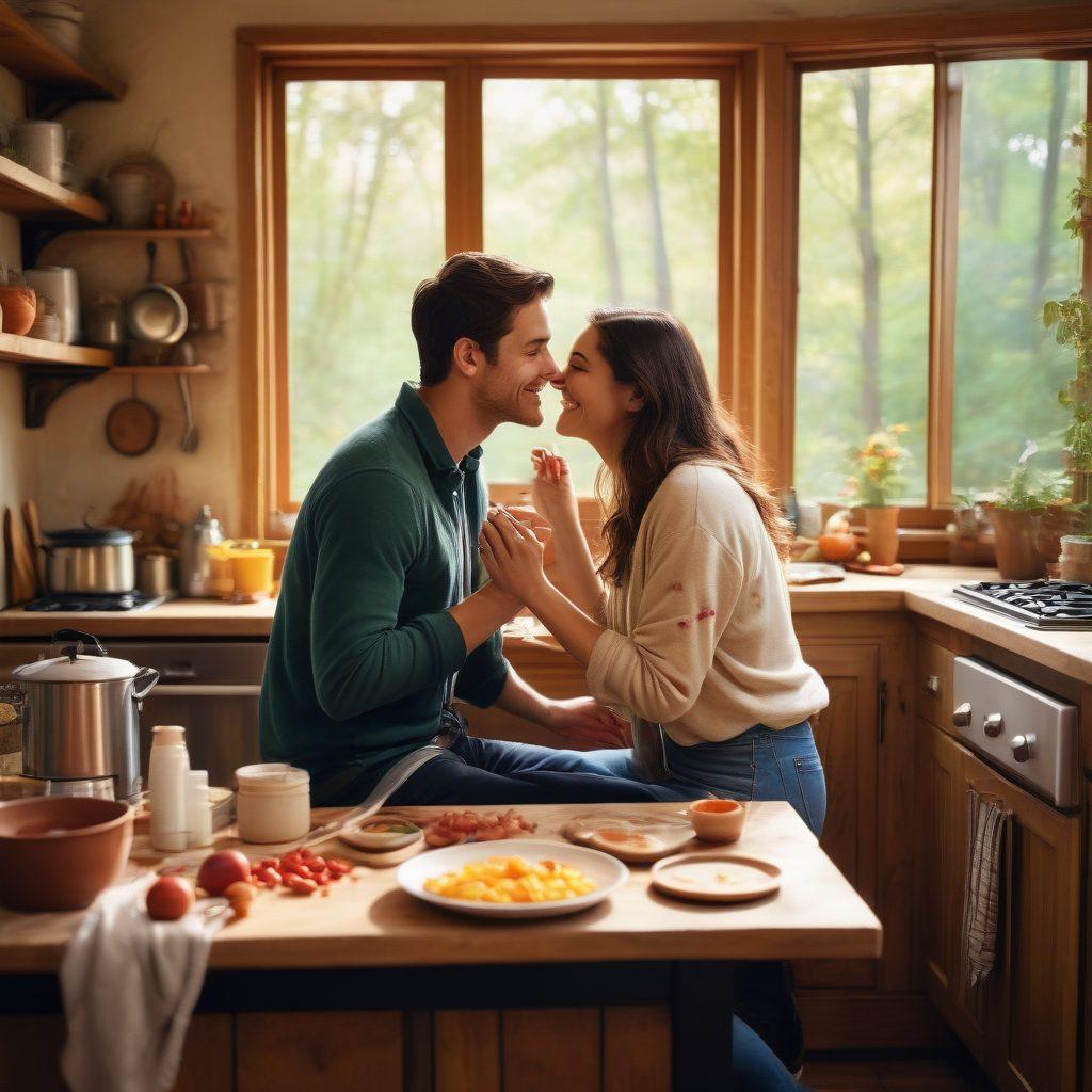A cozy, inviting scene of a couple engaged in various activities together, such as painting, hiking, and cooking, surrounded by symbols of open partnerships like intertwined hands and hearts. Bright and warm colors evoke connection and intimacy, with a soft-focus background hinting at more couples enjoying group activities. The overall tone is welcoming and joyful, emphasizing the theme of connection. vibrant colors. super-realistic.